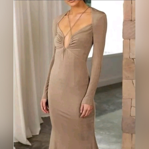 Jason Wu Engracia Plunge Long Sleeve Midi Dress Size L Tan Formal Low Back Bodyc - Picture 14 of 16